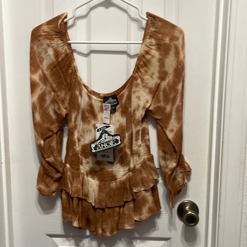 Angie Size S Brown tie dye scrunch ruffle top